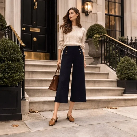 Vintage Lauren Ralph Lauren 100% Merino Wool Navy Wide Leg Cropped Pants L - Picture 1 of 9